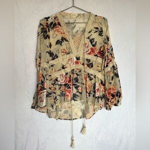 POL Floral Lace-Up Boho Blouse in Cream and Rose NEW